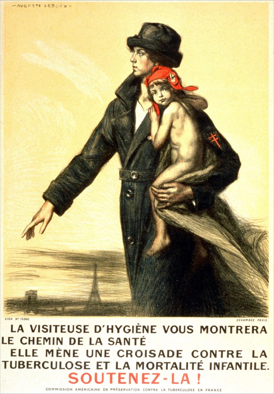 La visitadora higiénica le mostrará el camino de la salud, luchará contra la tuberculosis y la mortalidad infantil - cartel de la comisión americana para la preservación de la tuberculosis en Francia, ill. por Auguste Leroux (1871-1954) de Auguste Leroux