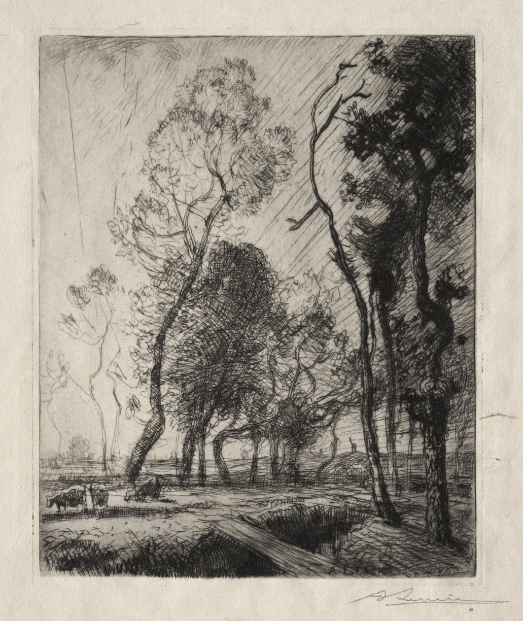 Puesta de sol detrás de los árboles de Auguste Louis Lepère