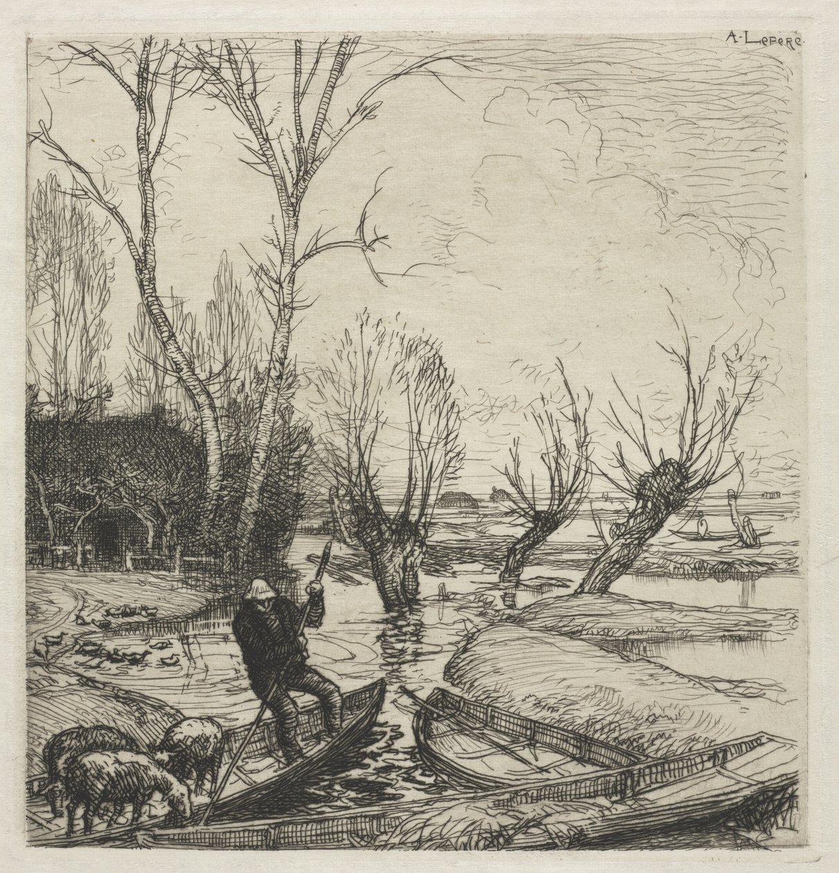 [Hombre en un bote con tres ovejas] de Auguste Louis Lepère