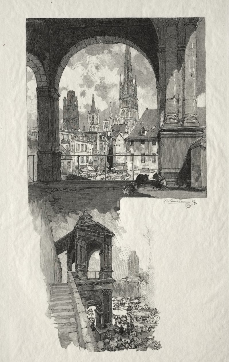 Rouen Ilustrado: Plaza de la Alta Vieja Torre; Edículo de la Fierte de Auguste Louis Lepère