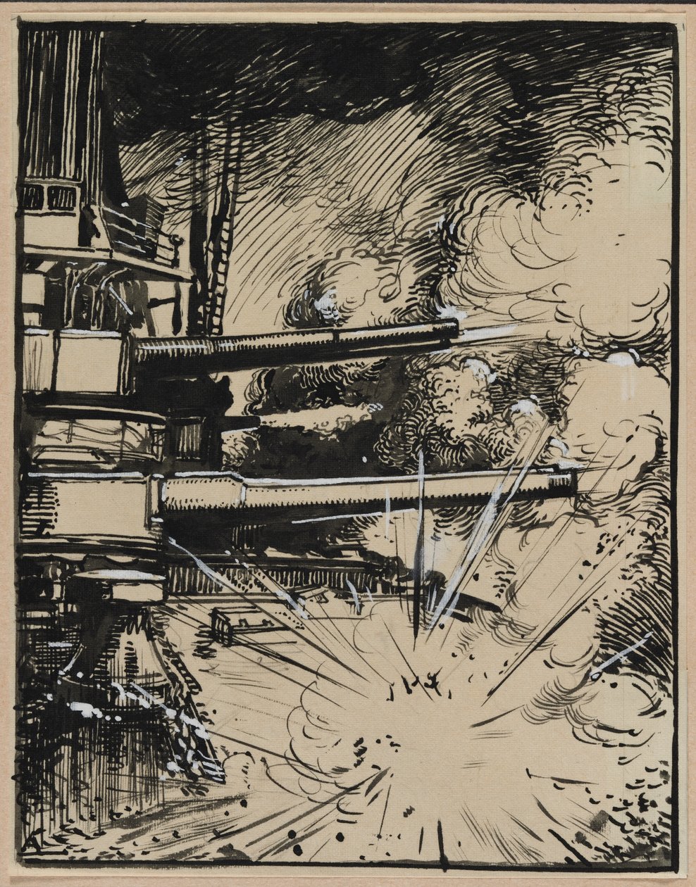 Bombe explosant sur un cuirasse aux canons braques de Auguste Louis Lepère