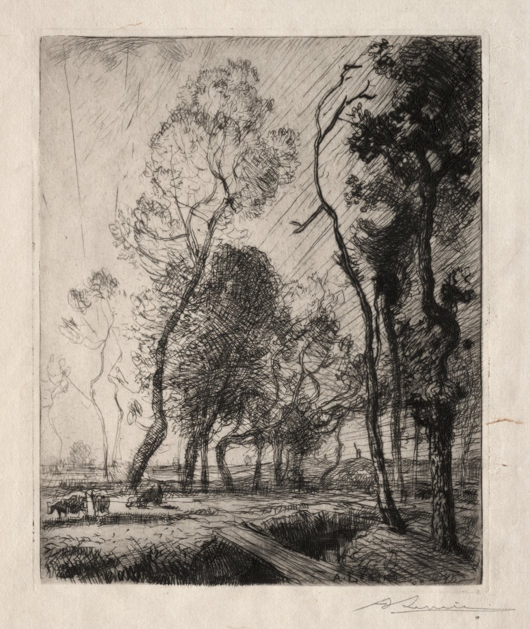 Puesta de sol detrás de los árboles de Auguste Louis Lepère