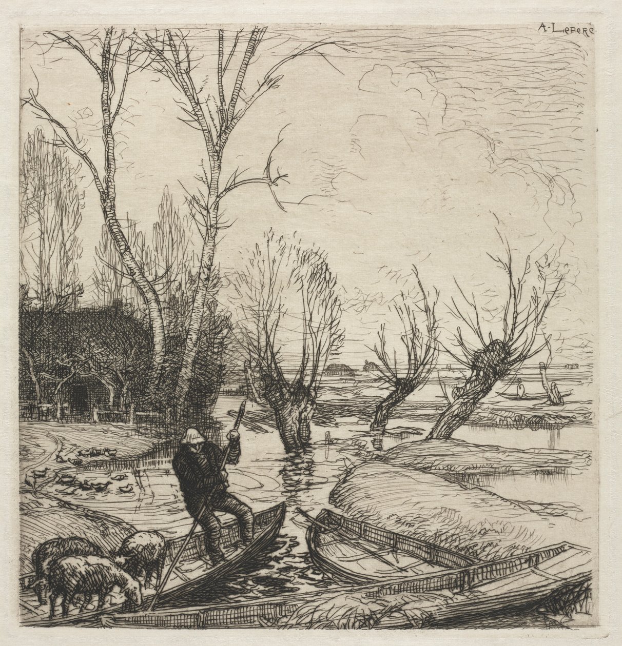 [Hombre en un bote con tres ovejas] de Auguste Louis Lepère
