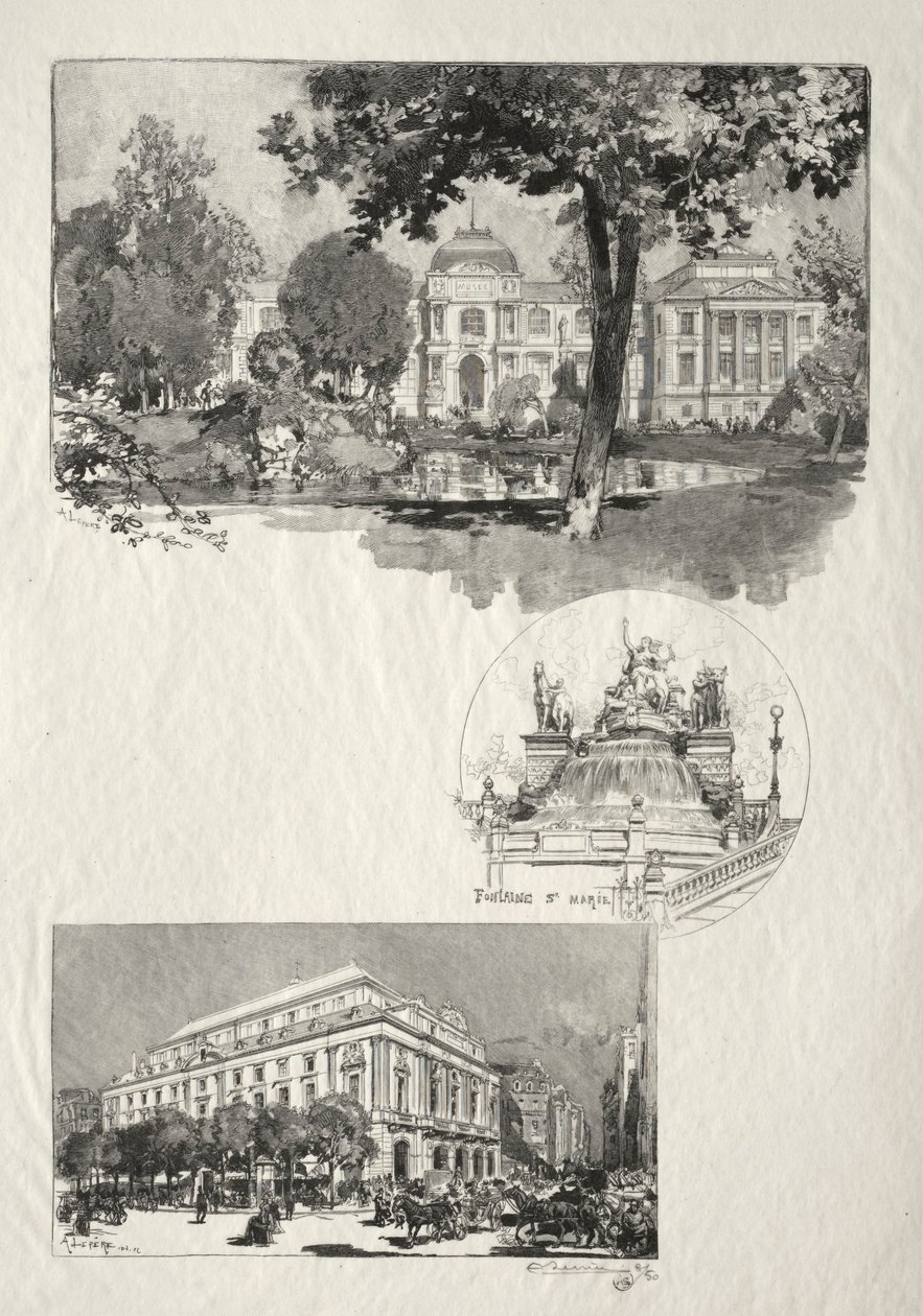 Rouen Illustré: La Musée, Fontaine St. Marie, Le Théâtre des Arts, 1896 de Auguste Louis Lepère