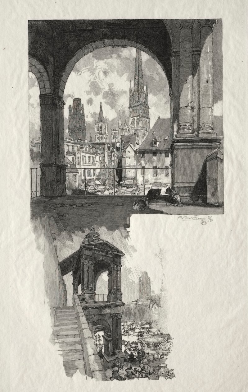 Rouen Ilustrado: Plaza de la Alta Vieja Torre; Edículo de la Fierte de Auguste Louis Lepère