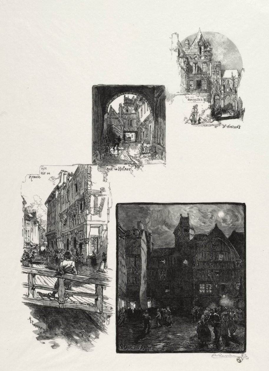 Rouen Illustré: Rue des Charretes, Rue de Halage, Rue Eau de Robec, Place des Arts, 1896 de Auguste Louis Lepère