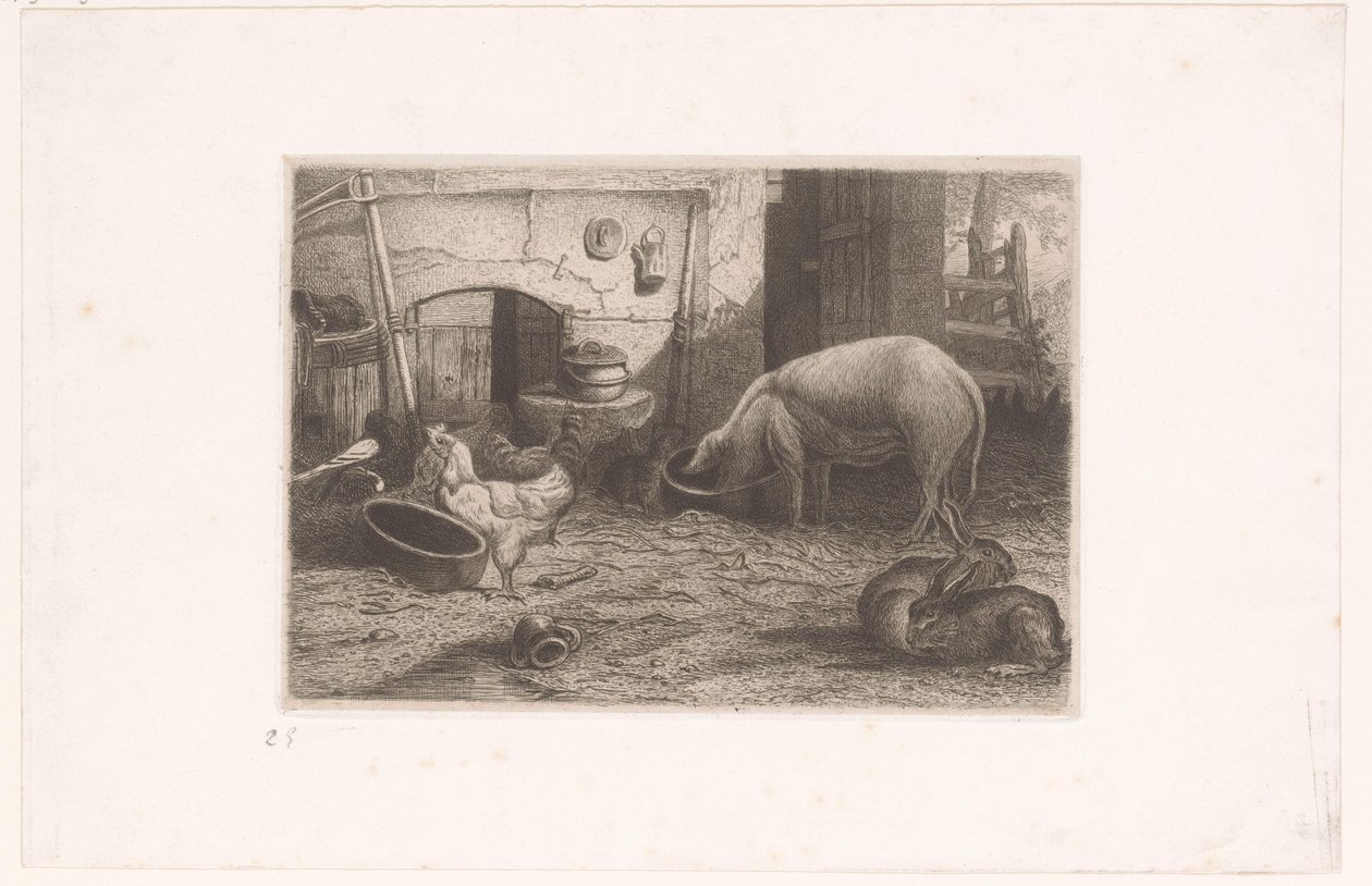 Cerdo, gallinas y conejos en un granero de Auguste Numans (attributed to)