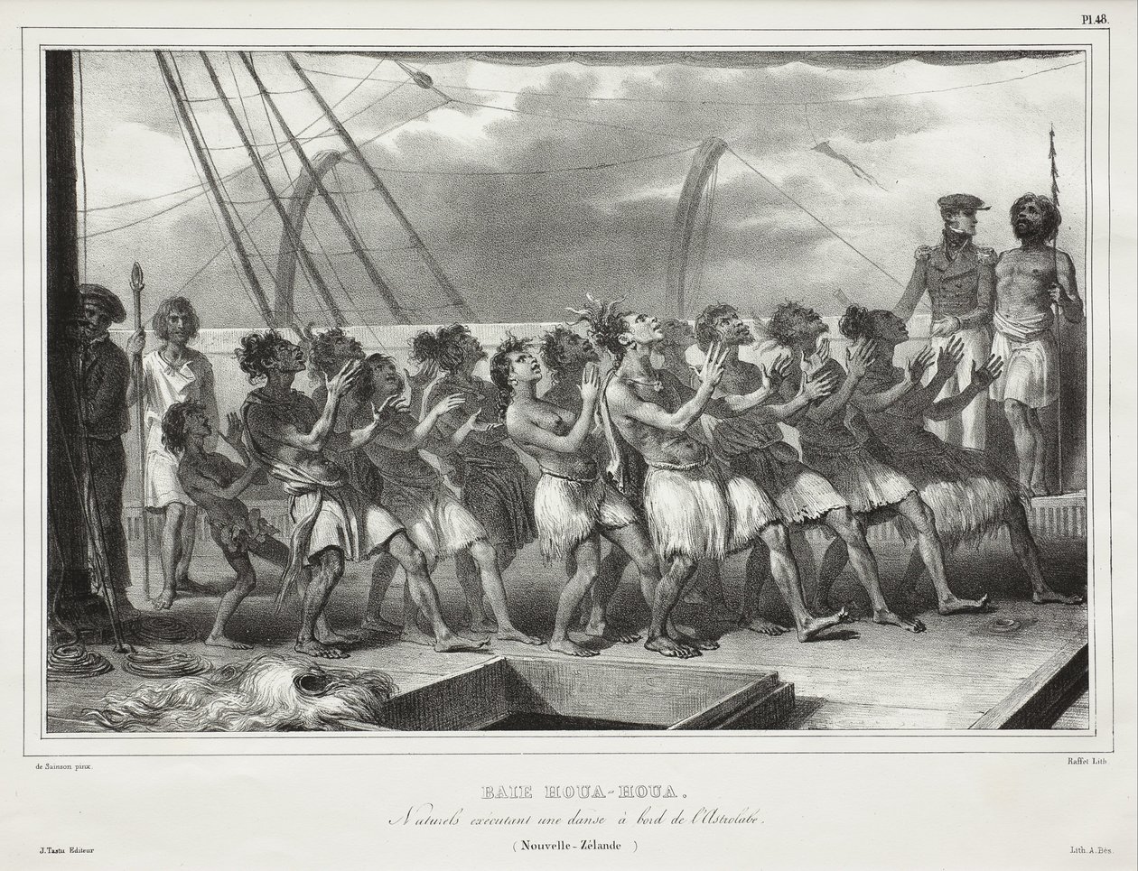 Bahía de Houa-Houa, nativos interpretando una danza a bordo del Astrolabe (Nueva Zelanda), [Uawa/Tolaga Bay, Natives Performing a Haka on Board the Astrolabe (New Zealand)] de Auguste Raffet
