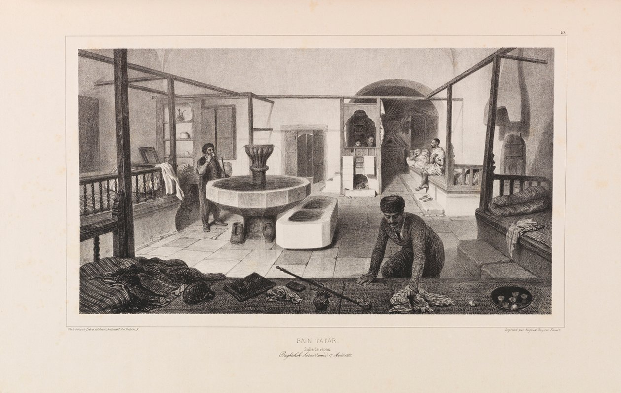 Baño Tártaro, Sala de Descanso. De Voyage dans la Russie por Anatole de Demidoff, 1837 de Auguste Raffet