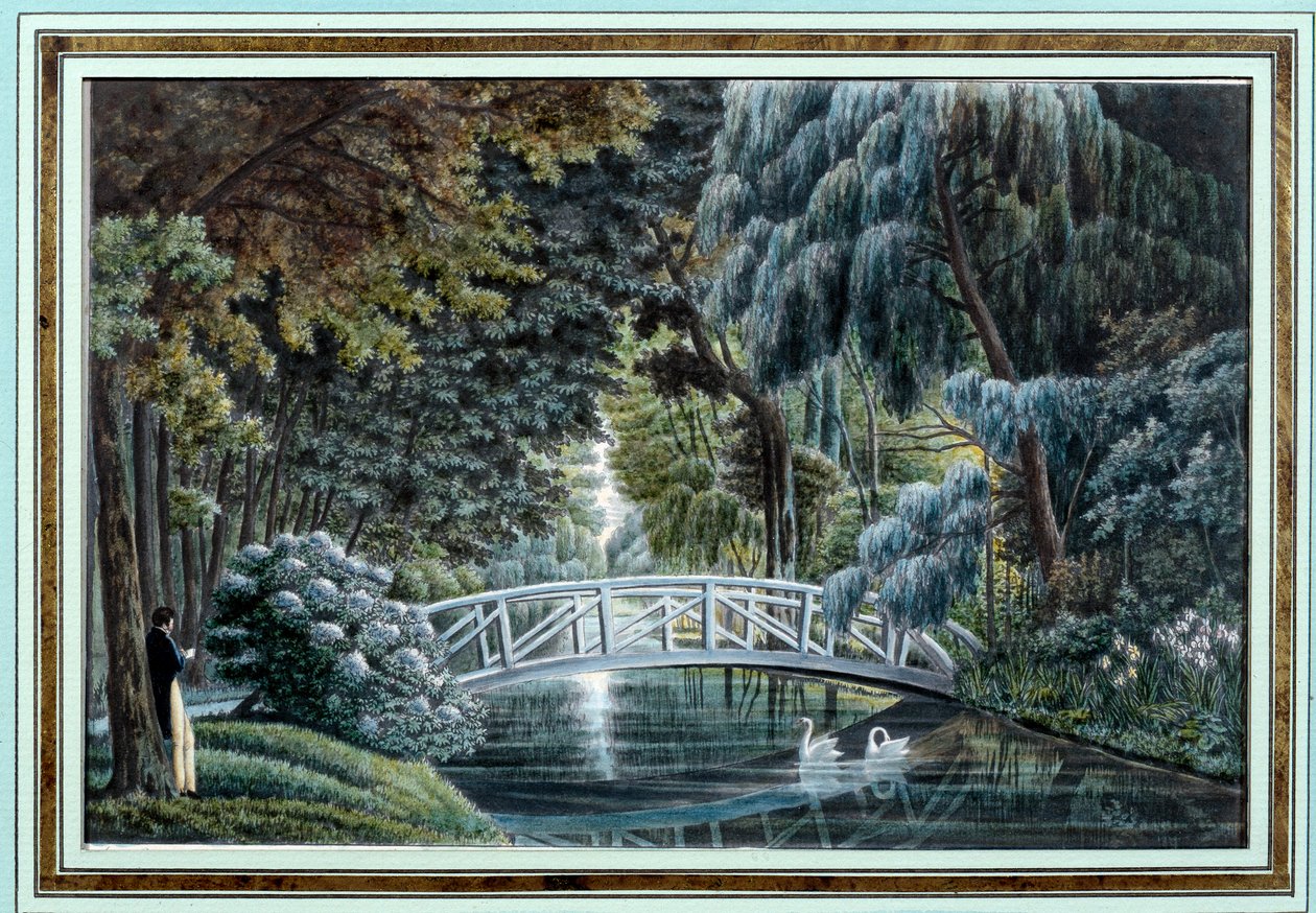 Vista del puente de madera sobre el río a la izquierda del castillo de Malmaison de Auguste Simon Garneray