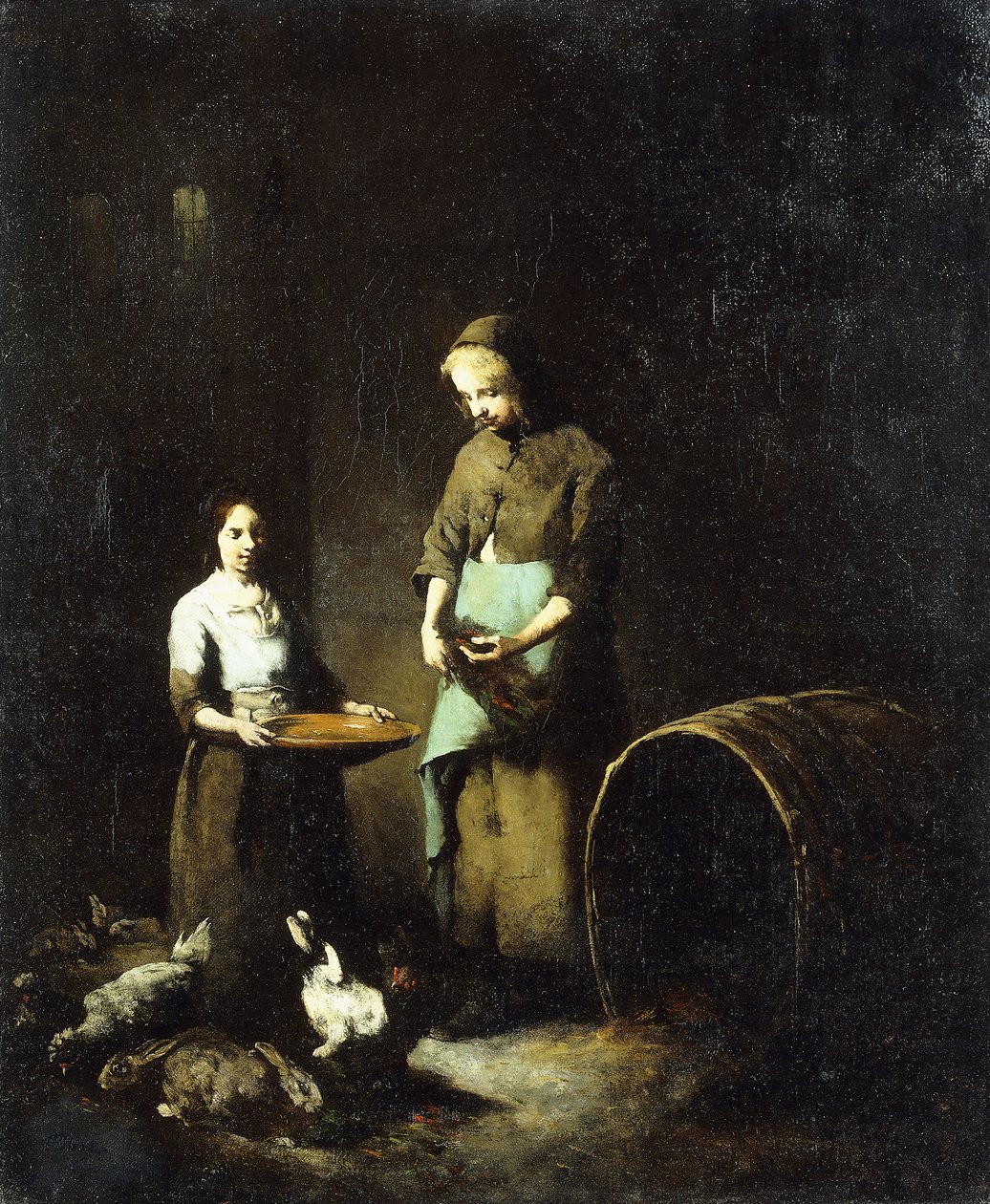 Jóvenes Campesinas Alimentando Animales de Corral de Auguste Theodule Ribot