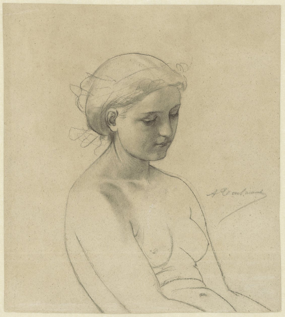 Desnudo femenino sentado, en tres cuartos a la derecha, de medio lado de Auguste Toulmouche