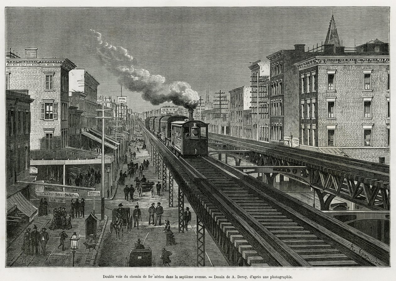 Doble vía del Ferrocarril Aéreo en la Séptima Avenida, Nueva York, Nueva York. Edouard de Laveleye, en 1878-1879, publicado en el Tour du monde, bajo la dirección de Edouard Charton (1807-1890) de Auguste Victor Deroy