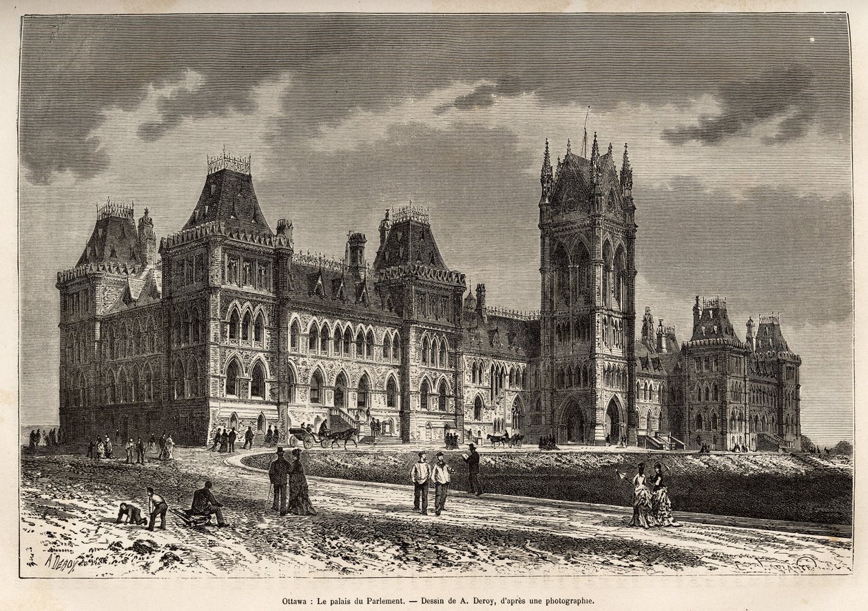 El Palacio del Parlamento en Ottawa, construido entre 1859 y 1876, grabado después de un dibujo de A.Deroy, ilustrando la excursión a Canadá y el Río Rojo del Norte, por H. De Lamotte en 1873, publicado en “Le tour du monde” 1875, editado por Edouard Chart de Auguste Victor Deroy