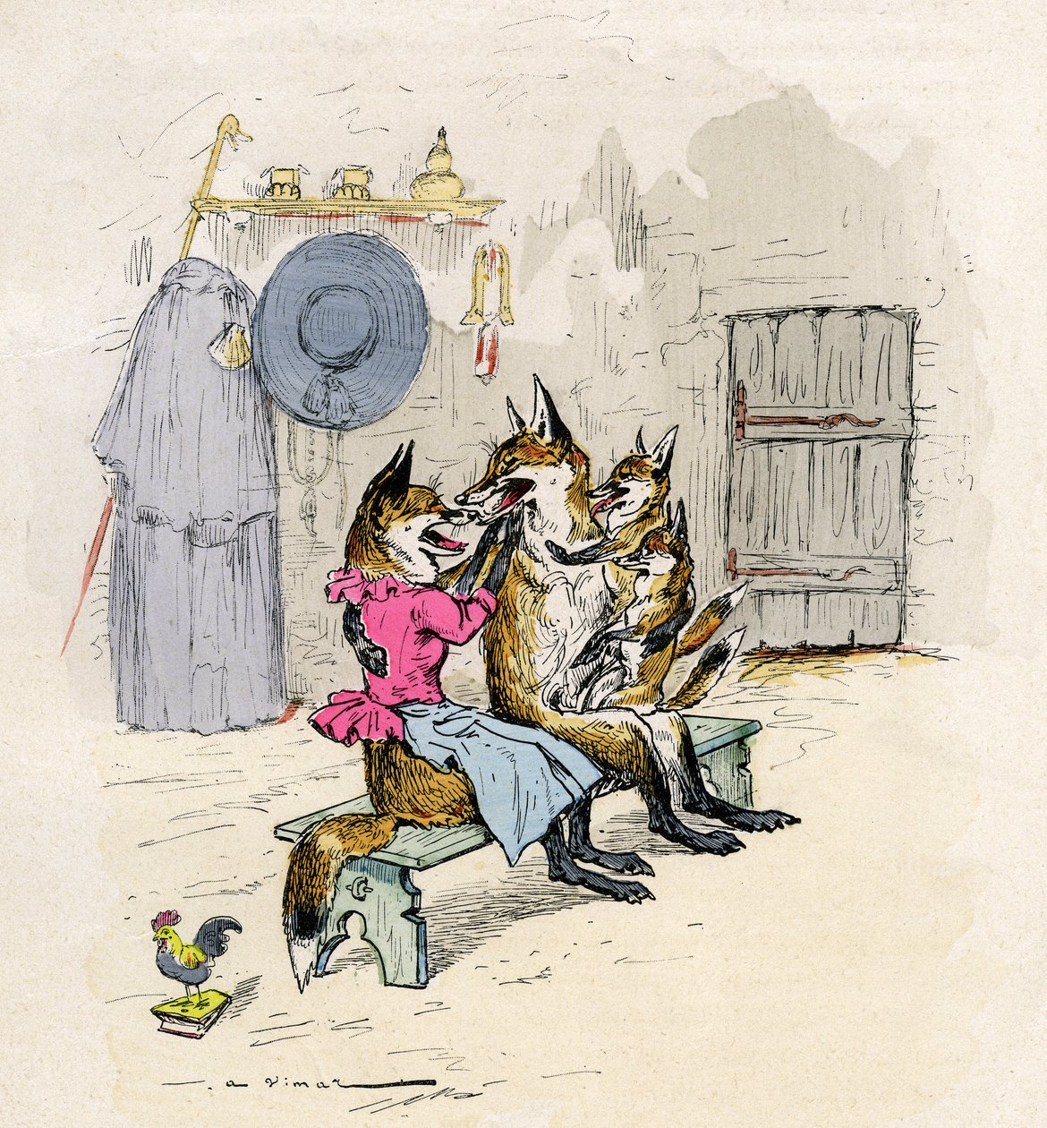 Ilustración de A. Vimar para la novela de Renart, edición Henri Laurens siglo XIX - Goupil y Hermeline el zorro, su esposa, en casa, con sus hijos los pequeños zorros - de Auguste Vimar