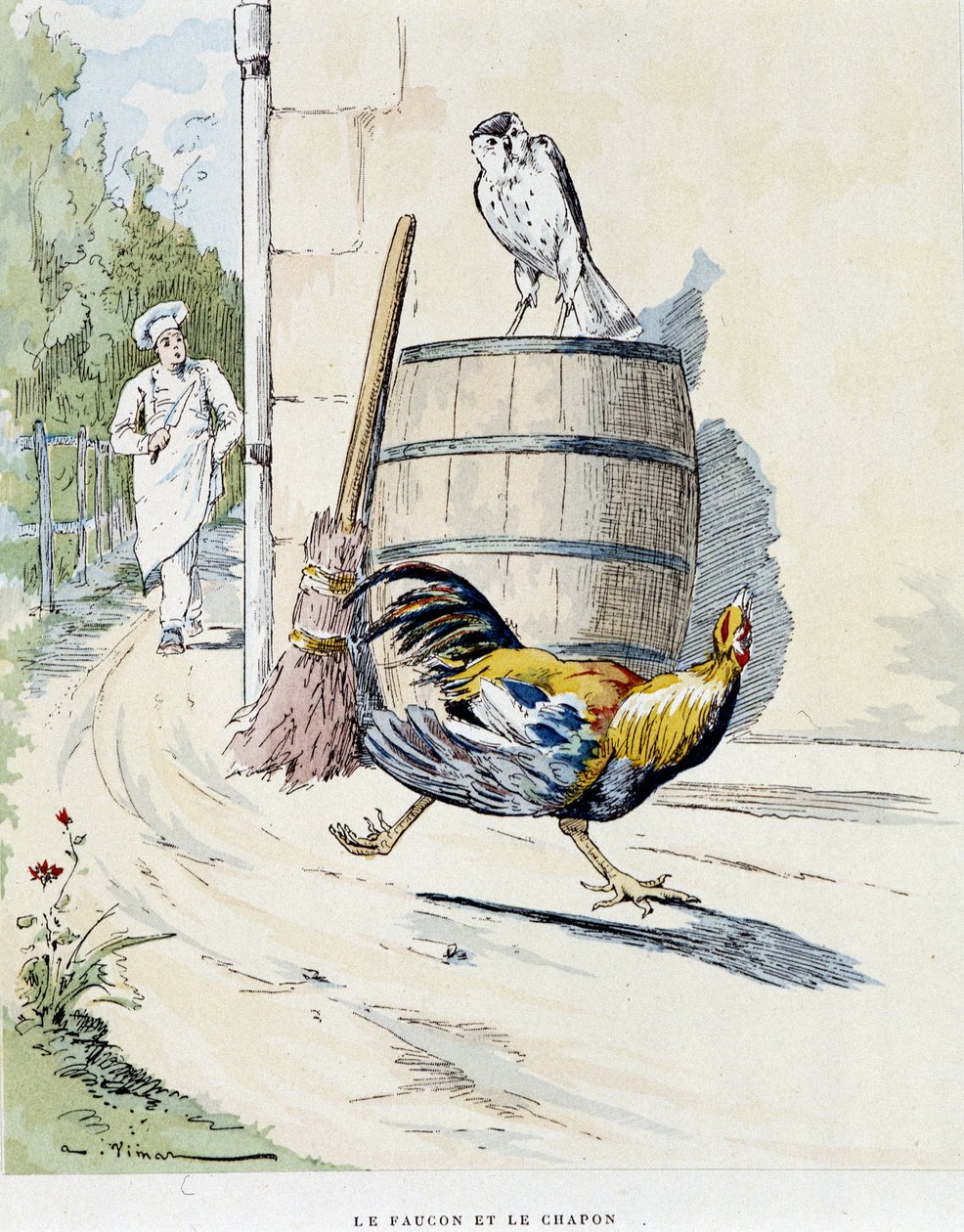 El halcón y el capón en "Fábulas de La Fontaine", ilustrado por Auguste Vimar (1851-1916), Tours, en A, Mame & Fils de Auguste Vimar