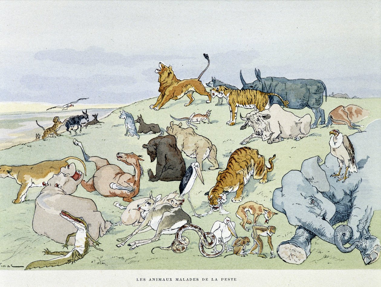 Los animales enfermos de la peste - en “Las Fábulas de la Fontaine”, ilustrado por Auguste Vimar (1851-1916), Tours, en A, Mame & Fils de Auguste Vimar