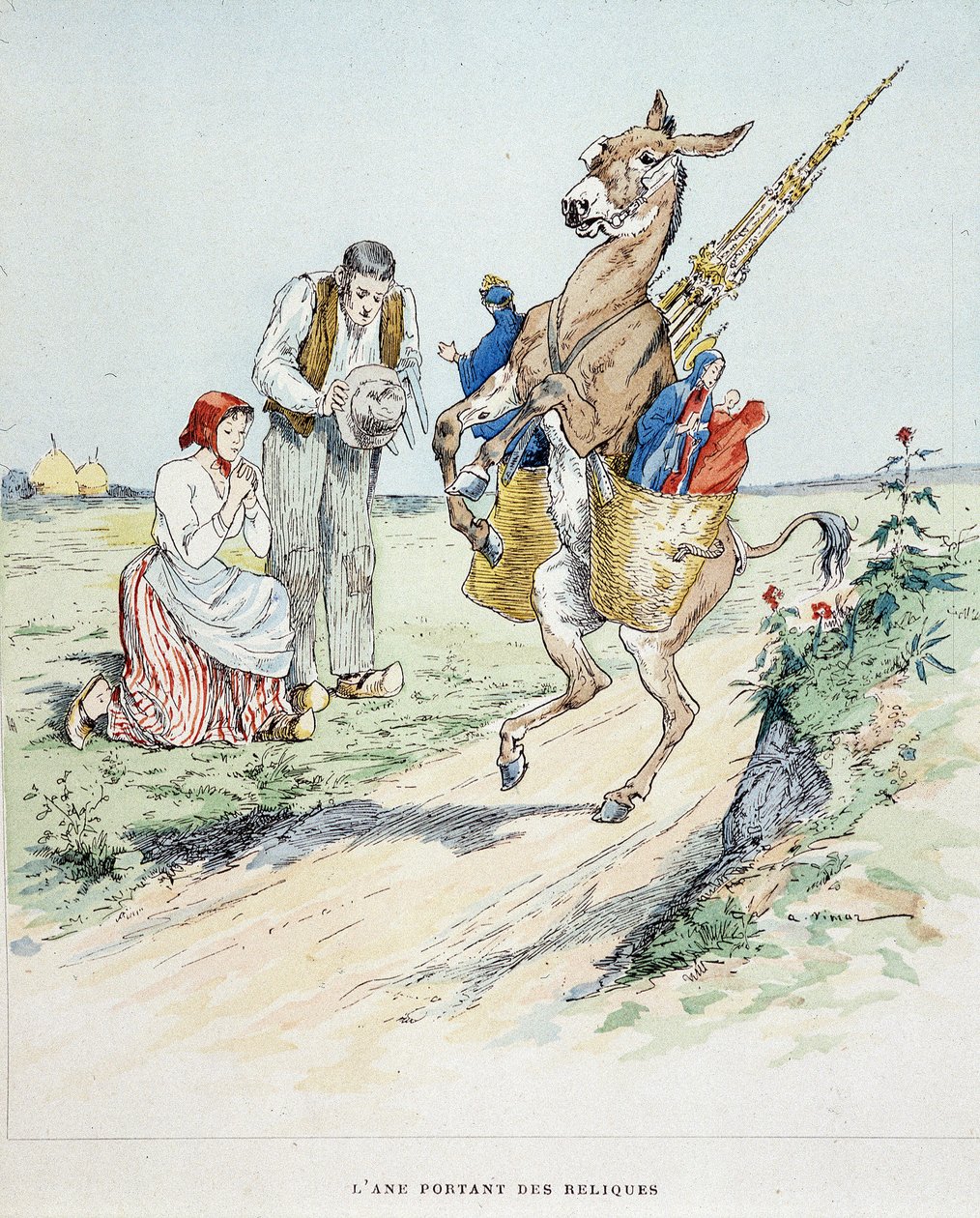 El burro portador de reliquias en “Fábulas de La Fontaine”, ilustrado por Auguste Vimar (1851-1916), Tours, en A, Mame & Fils de Auguste Vimar