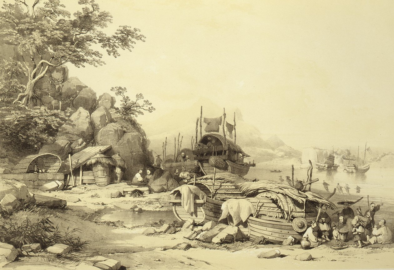 Barcos casa en la bahía de Cowloon, lámina 6 de Bocetos de China, grabado por Eugene Ciceri, 1842 de Auguste after Borget