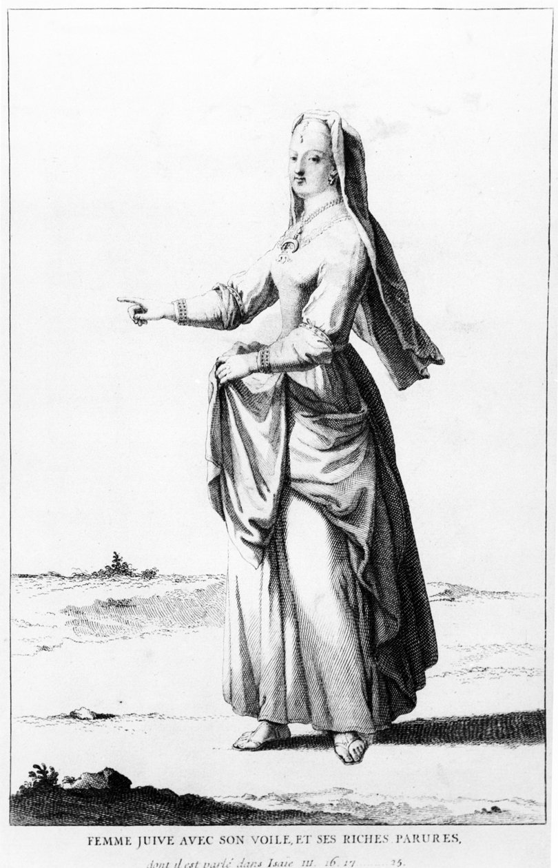 Mujer judía francesa con su velo y sus ricos adornos, ilustración de Dictionnaire Historique de la Bible, 1722 de Augustin Calmet
