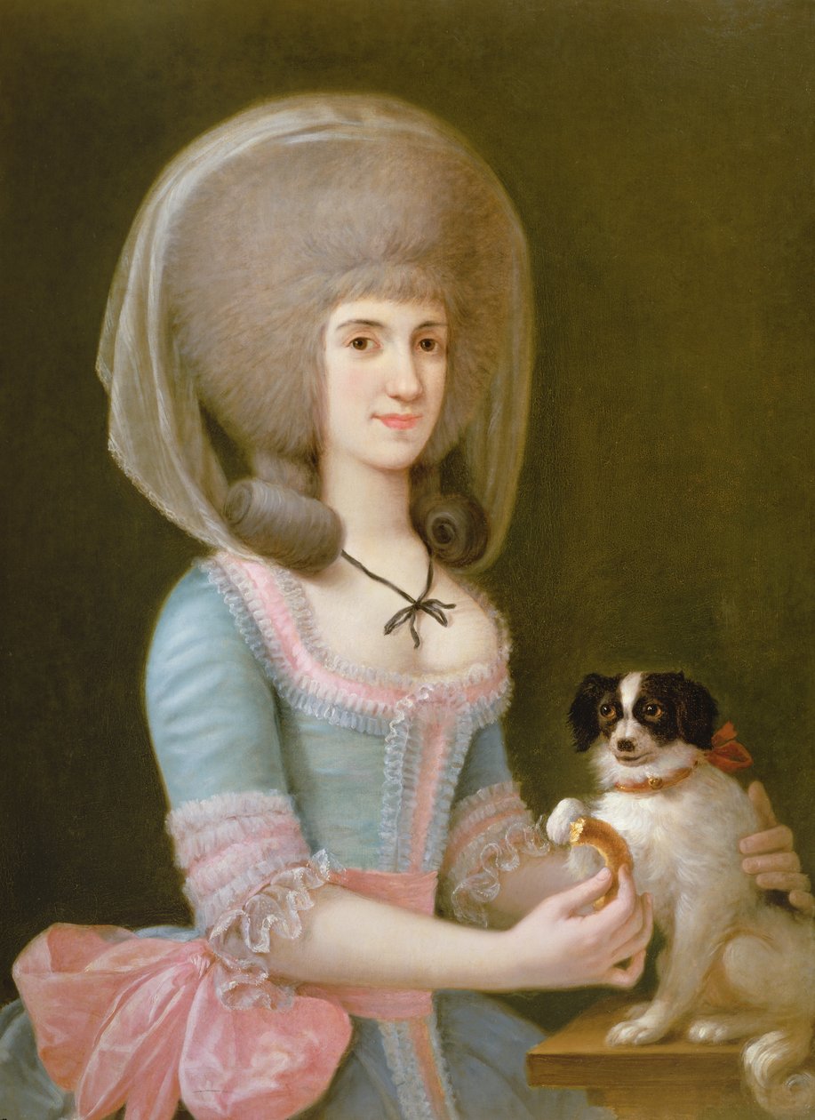 Retrato de Doña María Teresa Apodaca de Sisma dando un bocadillo a su perro de Augustin Esteve