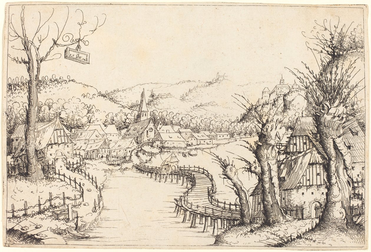 Paisaje fluvial con puente de madera de Augustin Hirschvogel