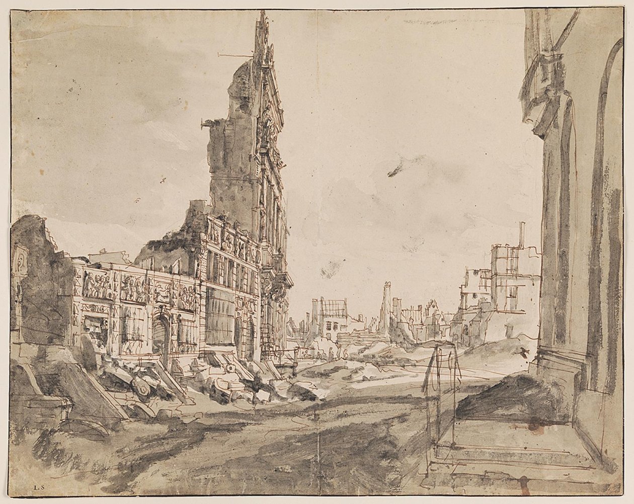 Vista de las esquinas noreste y noroeste de la Grand Place después del bombardeo en 1695 de Augustin Coppens