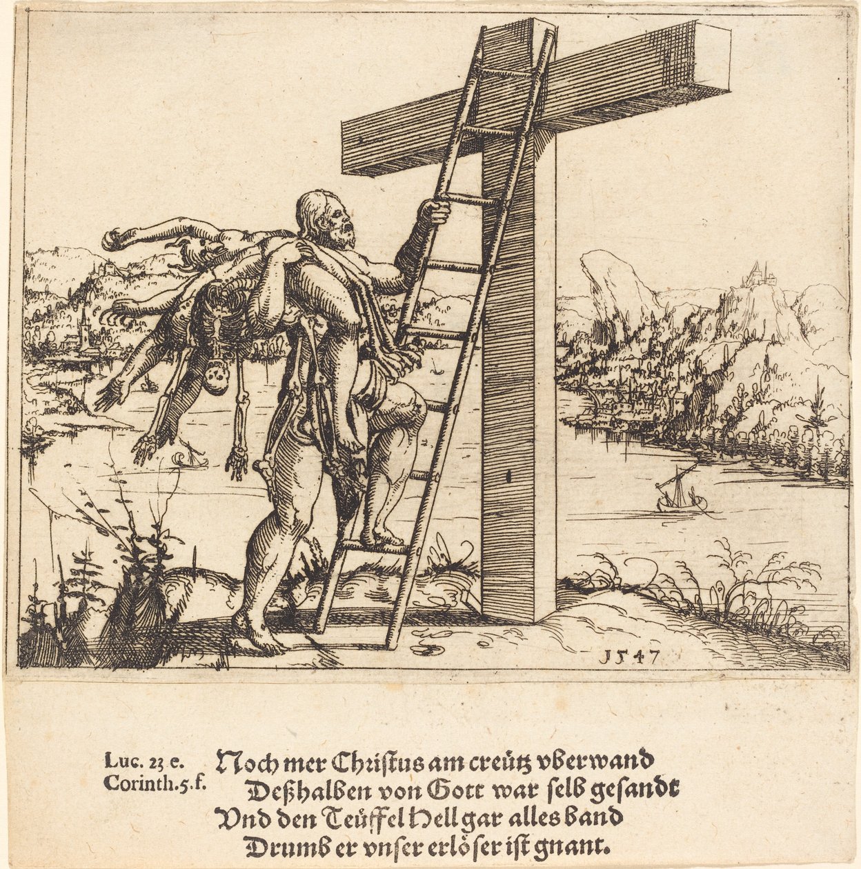 Cristo ascendiendo a la cruz con el pecado, la muerte y el diablo de Augustin Hirschvogel