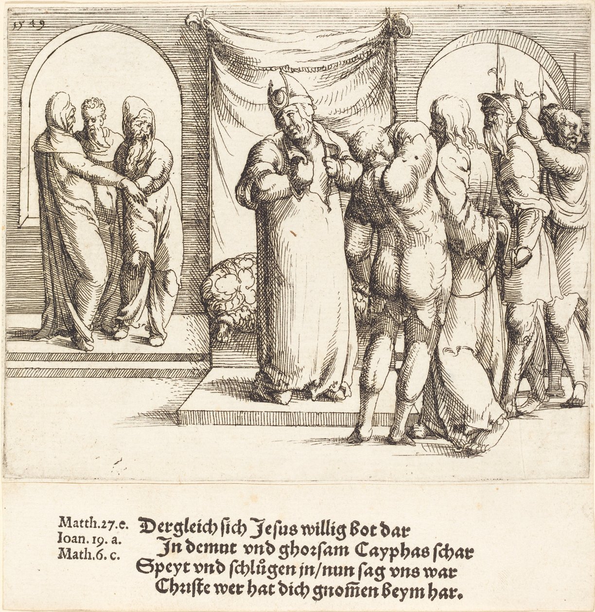 Cristo es burlado, y Caifás rasga sus vestiduras, 1549 de Augustin Hirschvogel