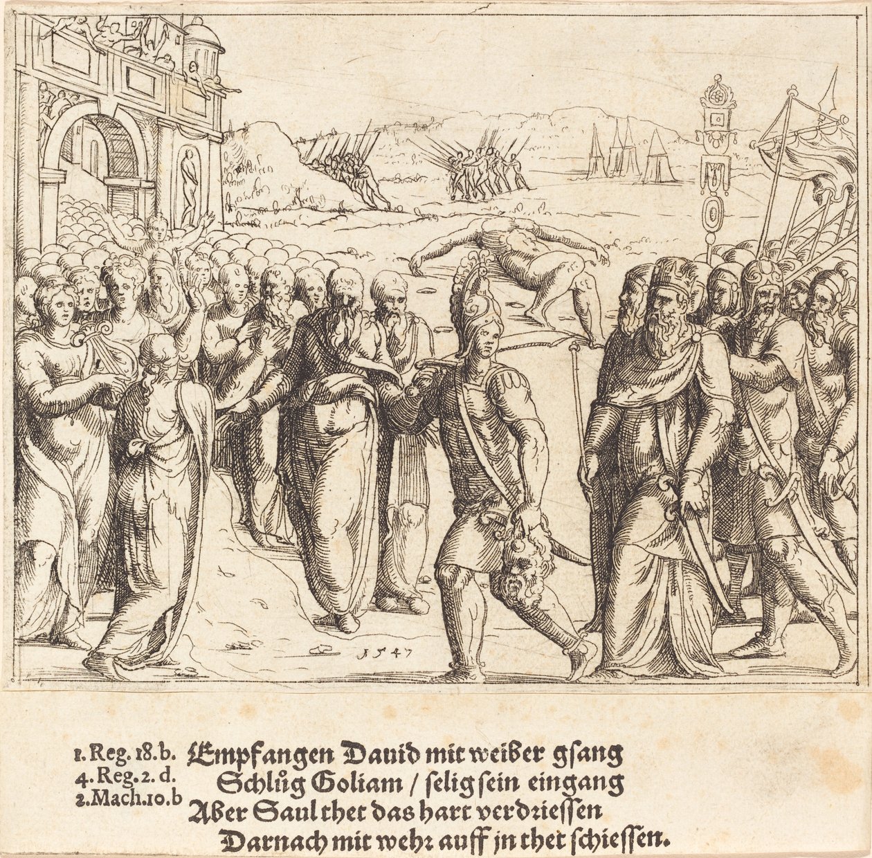 David es recibido después de matar a Goliat, y los celos de Saúl, 1547 de Augustin Hirschvogel