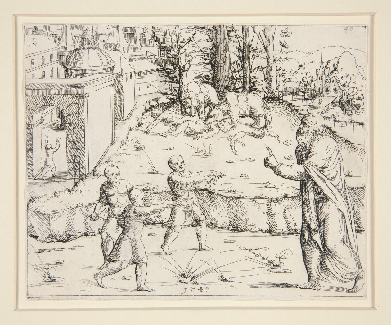 Elijah burlado por las niñas de Augustin Hirschvogel