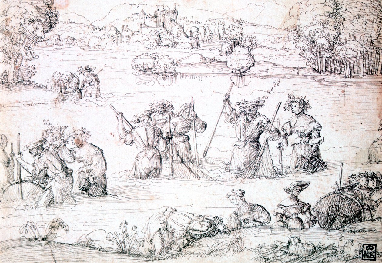 Pescando bajo la lluvia de Augustin Hirschvogel