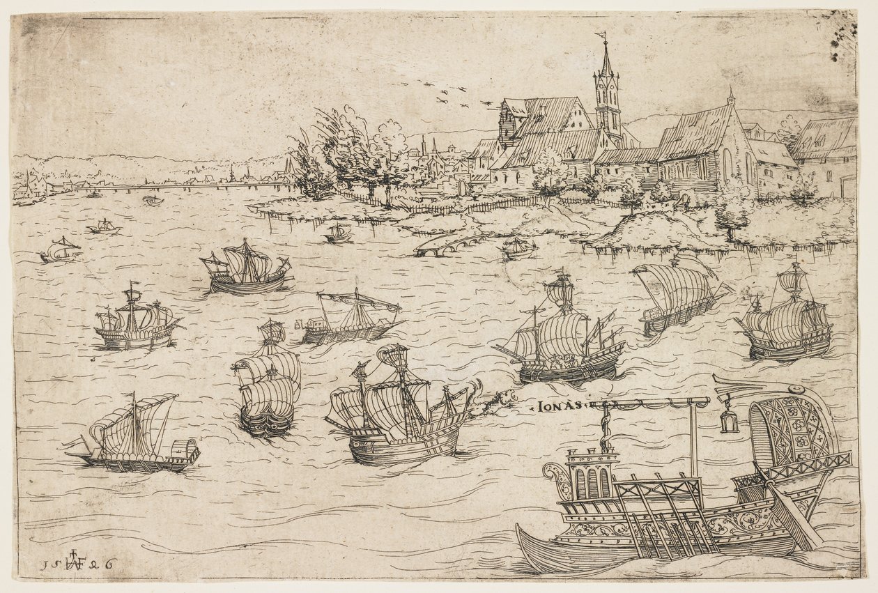 Jonás y la ballena en un lago con embarcaciones de vela, 1546 de Augustin Hirschvogel