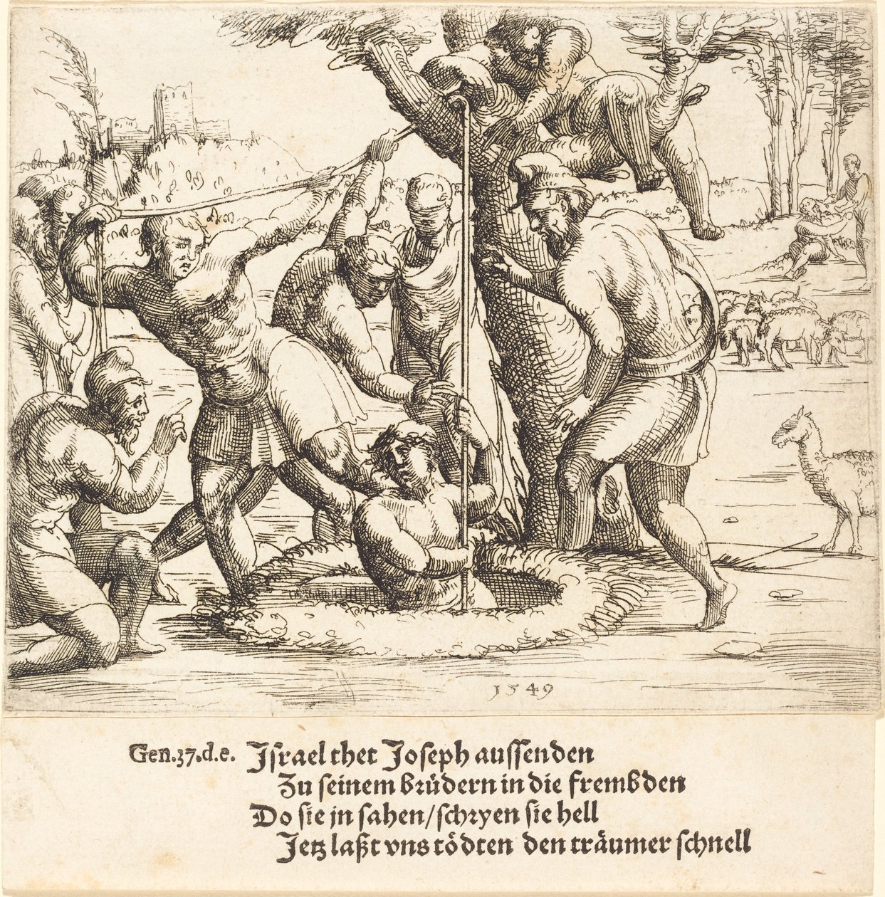 José arrojado al pozo, 1549 de Augustin Hirschvogel
