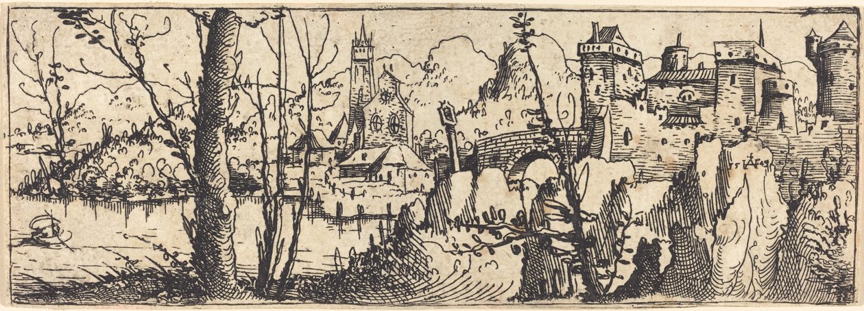 Paisaje con castillo a la derecha, rodeado de rocas de Augustin Hirschvogel