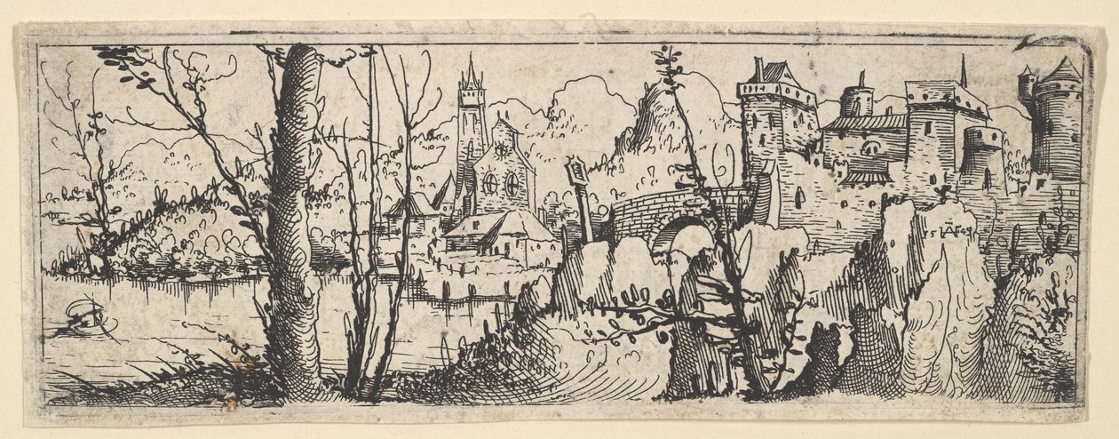 Paisaje con fuerte y una iglesia en un río de Augustin Hirschvogel