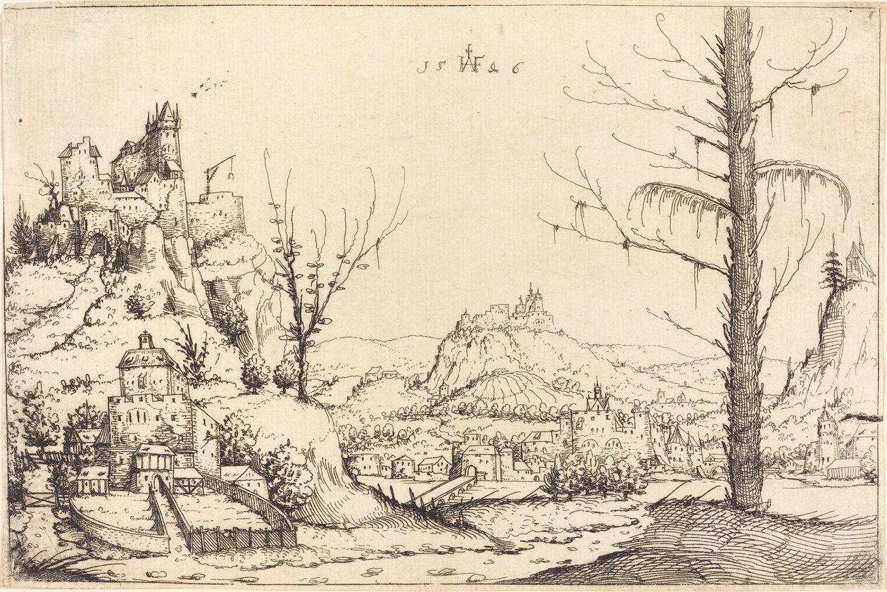 Paisaje con altos acantilados, río y ciudad, 1546 de Augustin Hirschvogel