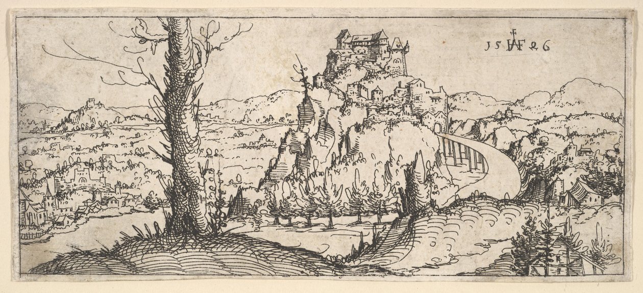 Paisaje con Rocas Altas y Fortalezas, 1546 de Augustin Hirschvogel