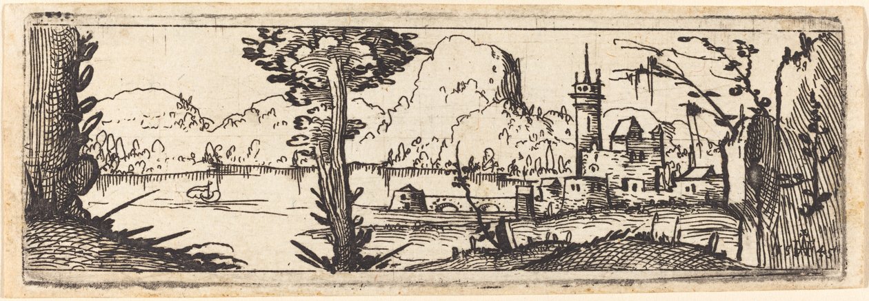 Paisaje con lago y ciudad, 1545 de Augustin Hirschvogel