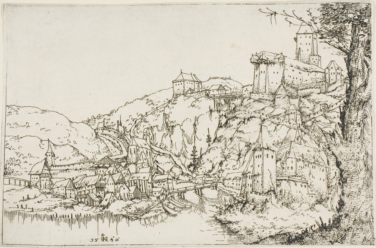 Paisaje con río, ciudad y castillo de Augustin Hirschvogel