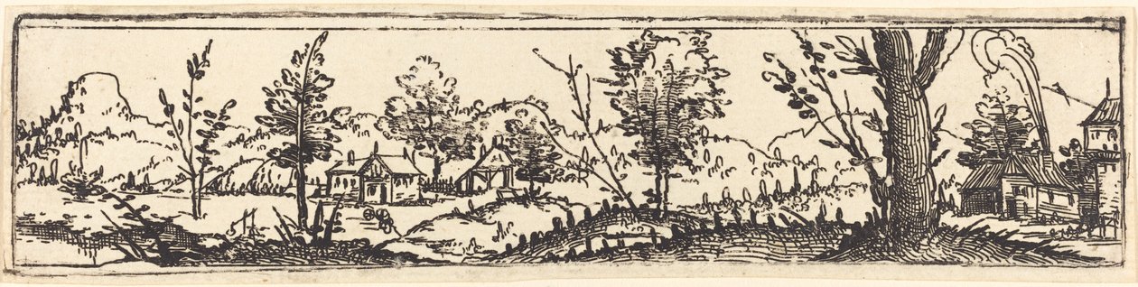 Paisaje con seis árboles solitarios y tres pequeñas casas de campo de Augustin Hirschvogel