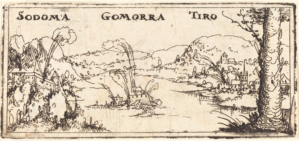 Paisaje con tres ciudades en llamas: Sodoma, Gomorra y Tiro de Augustin Hirschvogel