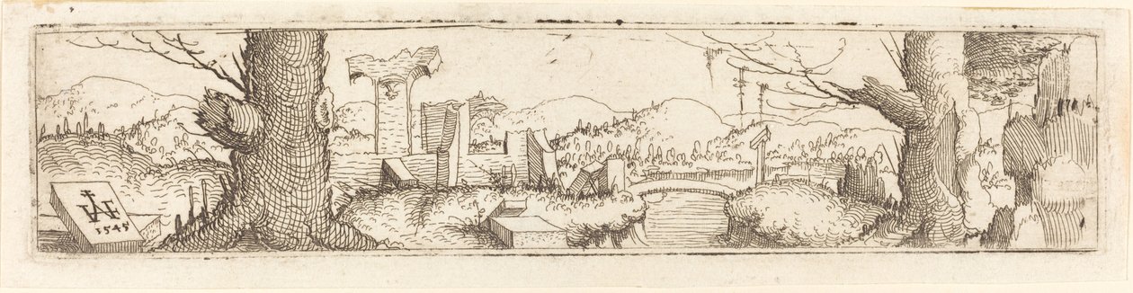 Paisaje con un arroyo y ruinas de Augustin Hirschvogel