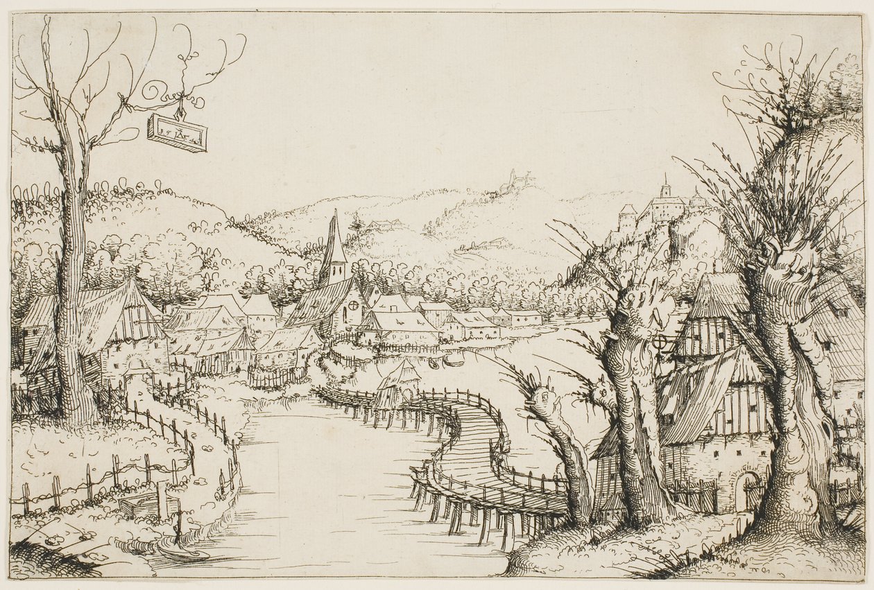 Paisaje con un Puente de Madera Curvado de Augustin Hirschvogel