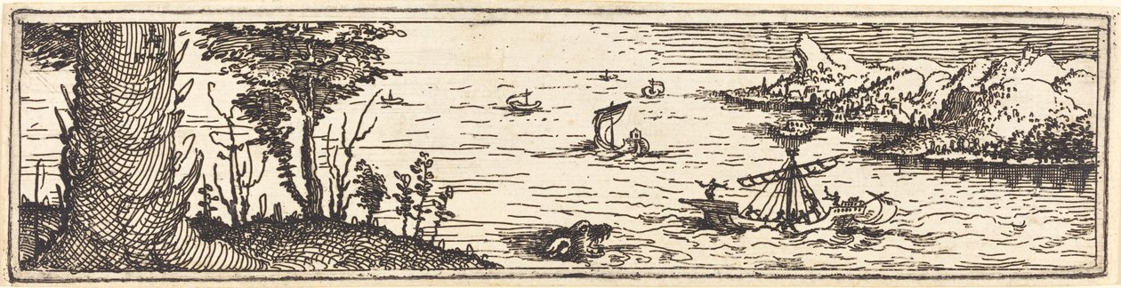Paisaje con un lago y veleros, 1545 de Augustin Hirschvogel
