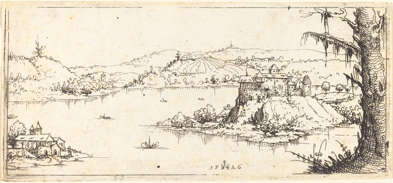 Paisaje con un Gran Lago en el Centro de Augustin Hirschvogel