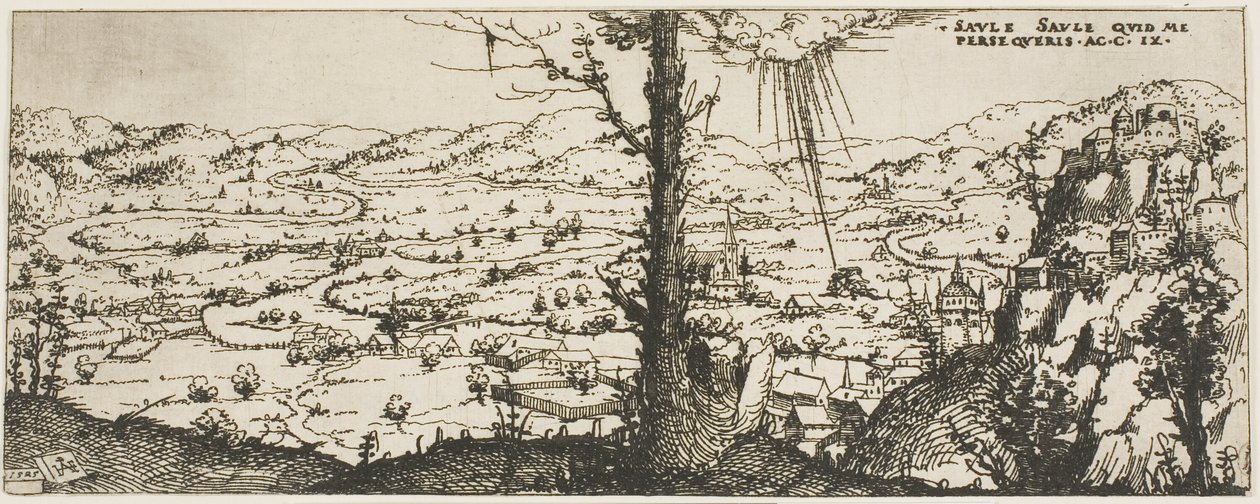 Paisaje con un Árbol en el Centro del Primer Plano de Augustin Hirschvogel