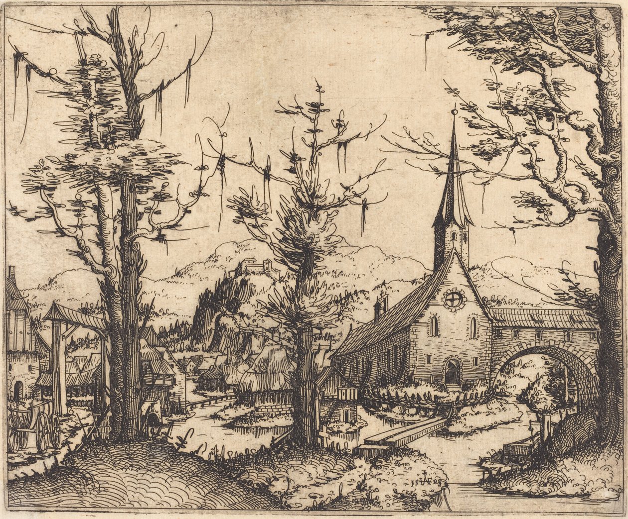 Paisaje con una iglesia del pueblo, 1545 de Augustin Hirschvogel