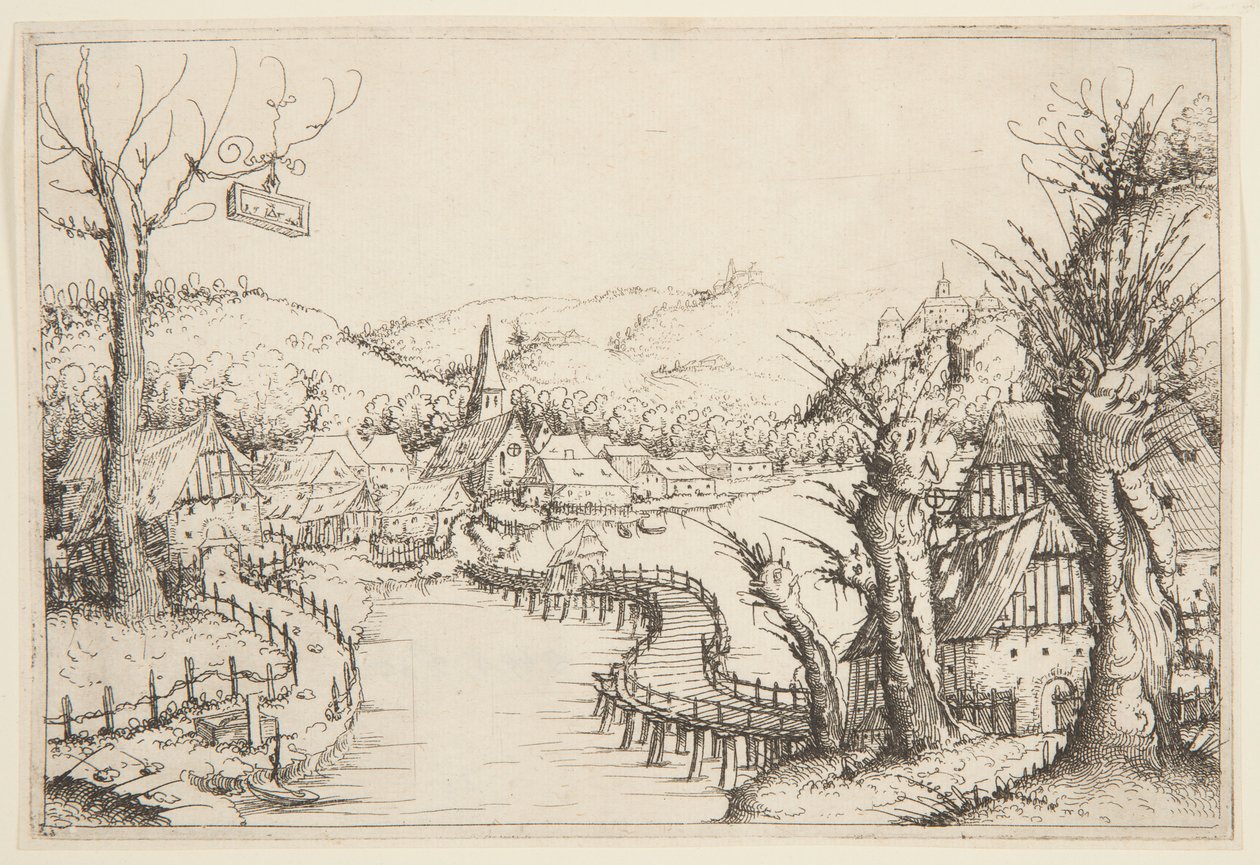 Paisaje con un puente de madera serpenteante de Augustin Hirschvogel