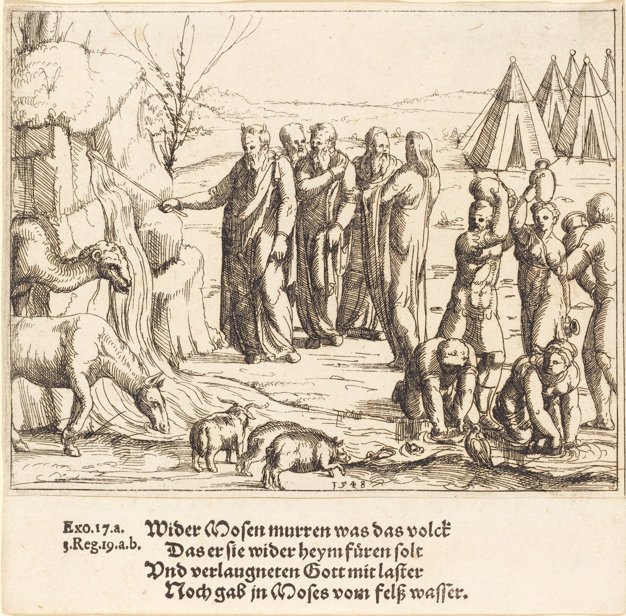 Moisés golpeando la roca de Augustin Hirschvogel